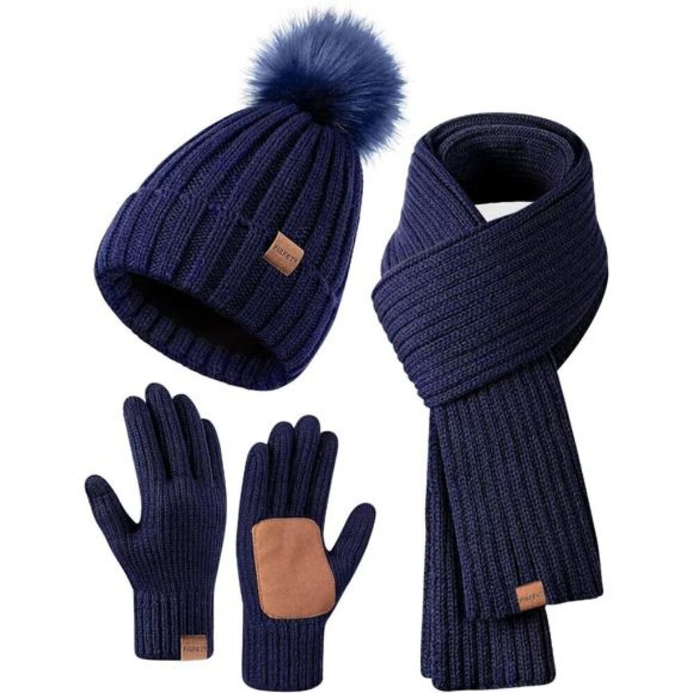 Winter Beanie Hat Scarf Gloves Set for Women, Womens Beanie with Pom Pom Long